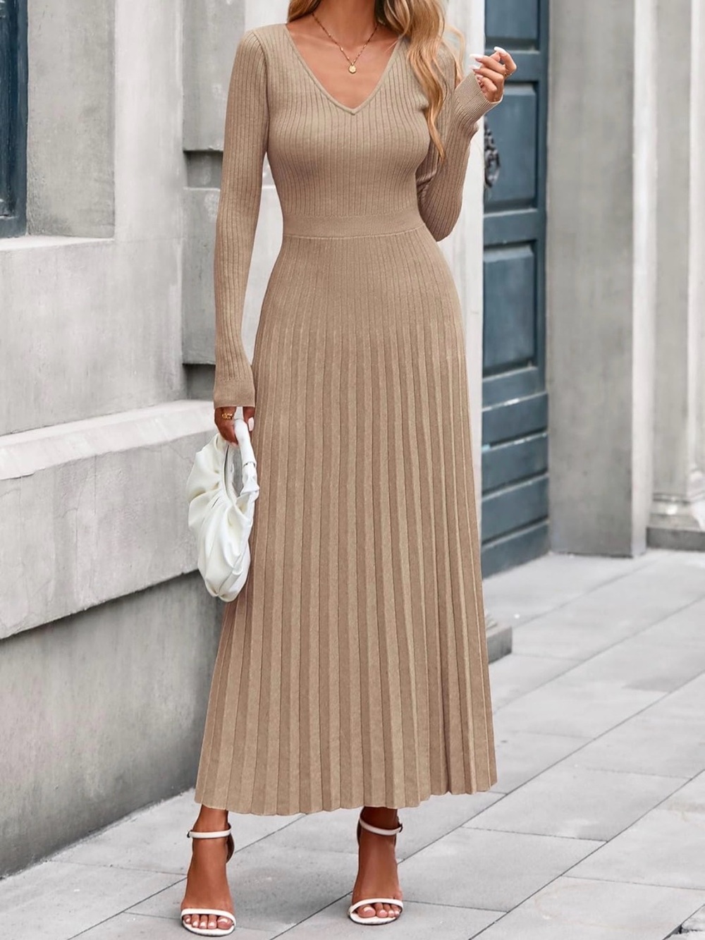 Ribbed V-Neck Knit Dress